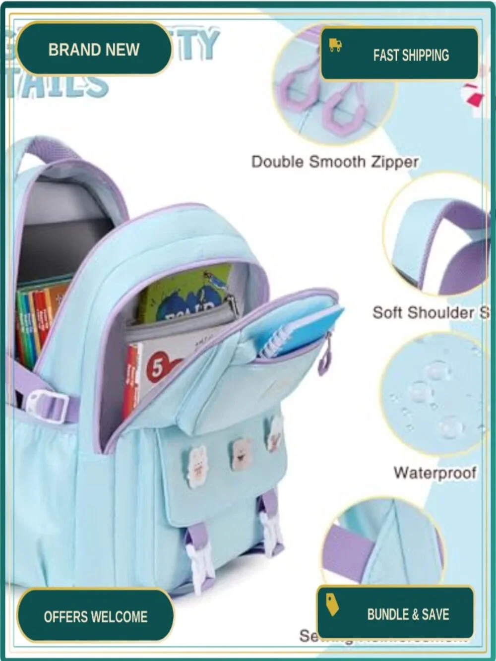 Girls Backpack Set with Lunch Box & Pencil Case, 3-Piece School Bookbag, Nylon